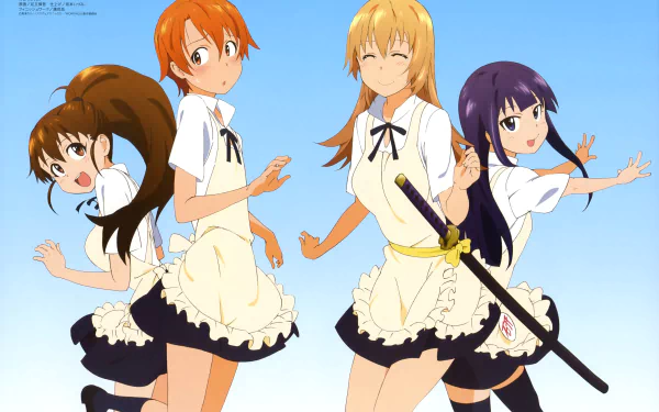 Anime Working!! 4K Ultra HD PC desktop wallpaper: four girls in cafe uniforms and frilly aprons against a bright blue sky, one wielding a sheathed katana.