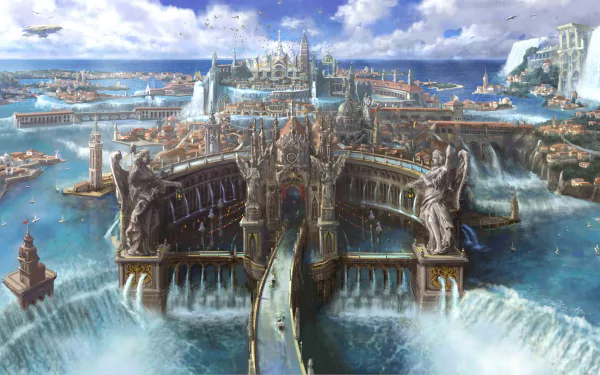 HD desktop wallpaper featuring a stunning in-game cityscape from Final Fantasy XV, showcasing intricate architecture, massive statues, flowing waterfalls, and a sprawling horizon under a vibrant sky.