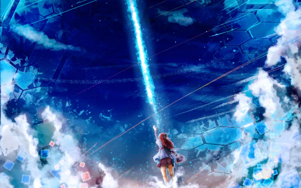 HD anime desktop wallpaper featuring a character under a vibrant, starry sky with a beam of light piercing through clouds. The image gives a sense of wonder and adventure, tagged with shelter.