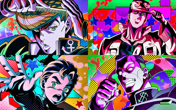 Vibrant HD PC desktop wallpaper featuring Josuke Higashikata, Okuyasu Nijimura, Koichi Hirose and Jotaro Kujo in pop‑art neon panels, bold colors and dynamic poses from JoJo's Bizarre Adventure.