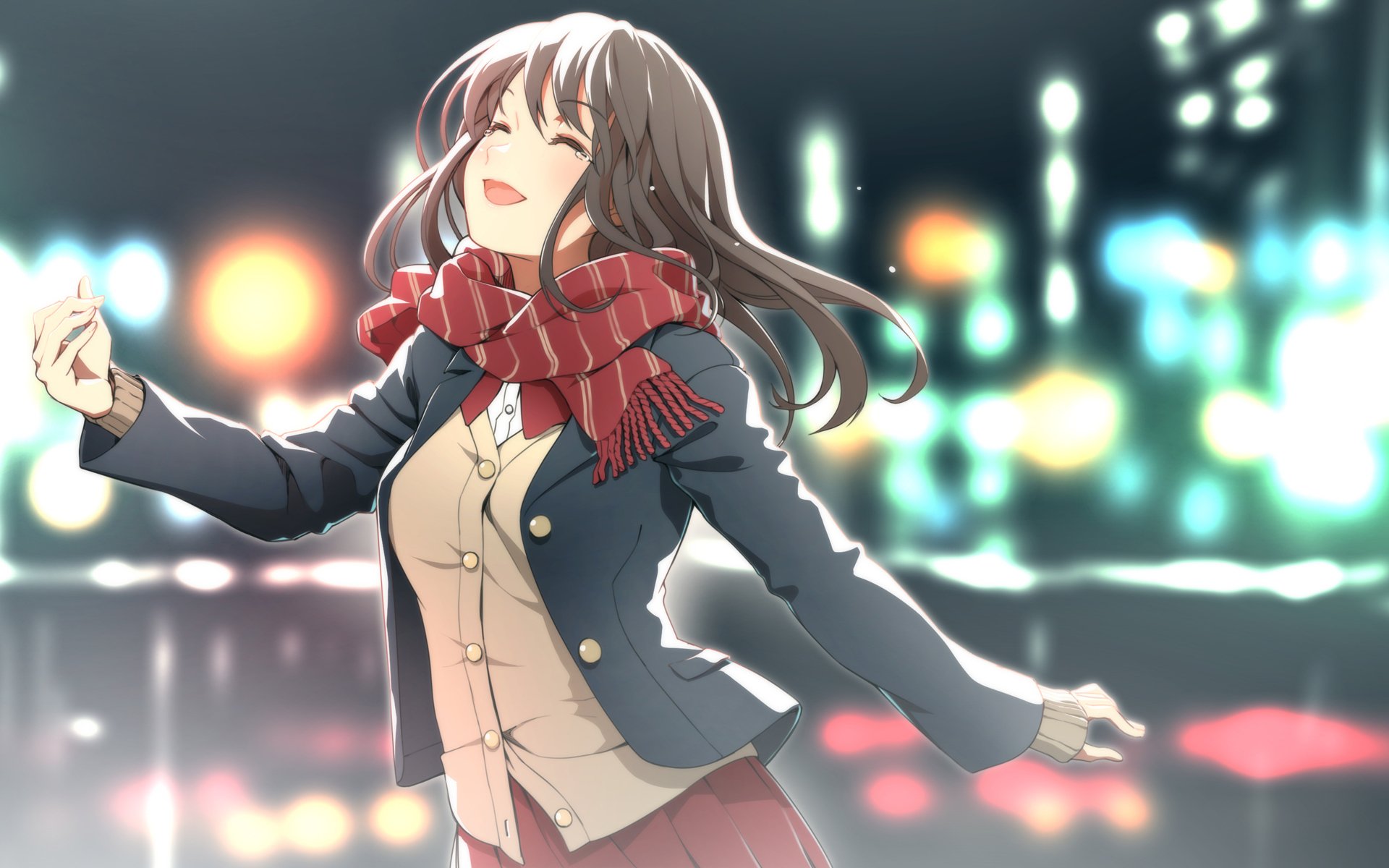 Anime-style original HD desktop wallpaper featuring a joyful girl in a red scarf and school uniform against a softly blurred, glowing city night background.