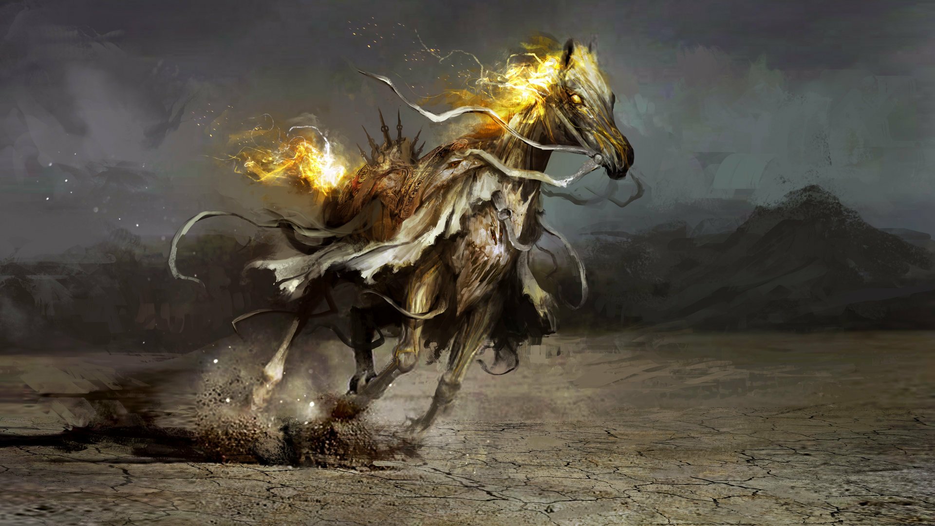 Fantasy creature resembling a fiery horse galloping across a barren, cracked landscape. HD PC desktop wallpaper with a dark, mystical atmosphere.
