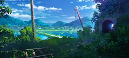 HD anime wallpaper depicting a serene, lush landscape with mountains, a river, and an overgrown railway track leading into a tunnel. The vibrant scene blends nature and tranquility.