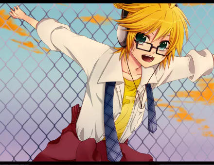 HD anime PC desktop wallpaper/background of Vocaloid Len Kagamine grinning by a chain-link fence at sunset, wearing glasses, an open shirt and a loosened tie.