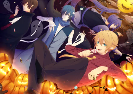 HD PC wallpaper featuring Vocaloid anime characters Kamui Gakupo, Kaito, and Len Kagamine reclining among glowing jack-o'-lanterns in a vibrant Halloween-themed composition.