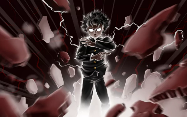 HD desktop wallpaper featuring Shigeo Kageyama from the anime Mob Psycho 100, set against a dynamic phonk-inspired background with debris and lightning effects.