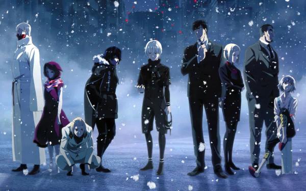HD desktop wallpaper and background of Tokyo Ghoul featuring anime characters standing together on a snowy evening.
