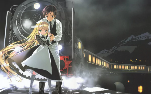 Kazuya Kujō and Victorique de Blois from Gosick stand by a steam train at night in this 8K Ultra HD anime PC desktop wallpaper.