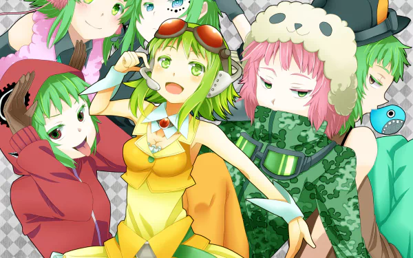 HD PC desktop wallpaper featuring vibrant anime-style illustrations of GUMI from Vocaloid and characters inspired by Matryoshka, showcasing dynamic poses and colorful outfits.