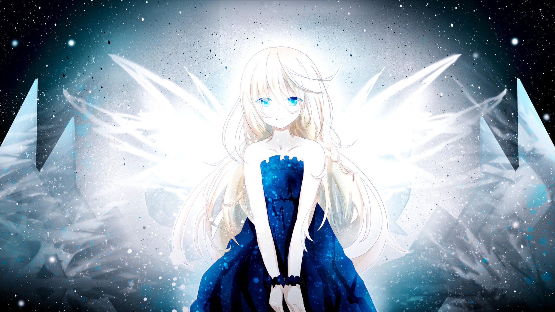 An HD desktop wallpaper featuring IA from Vocaloid with long blonde hair and blue eyes, emanating sadness. She is dressed in a blue outfit with an ethereal, starry background.