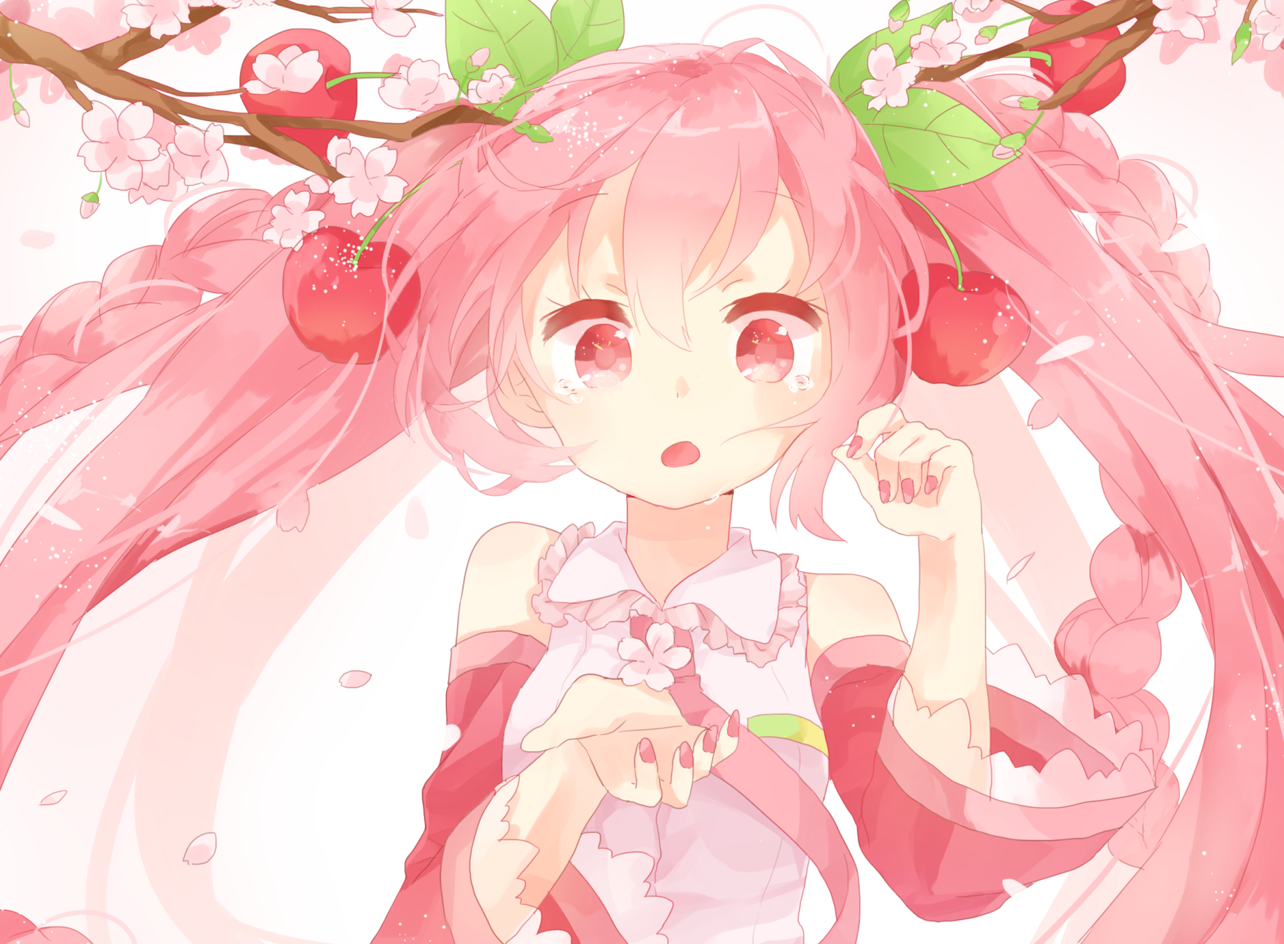 Sakura Miku Vocaloid anime portrait in pink cherry‑blossom outfit, twin tails and braids among falling petals — HD PC desktop wallpaper background