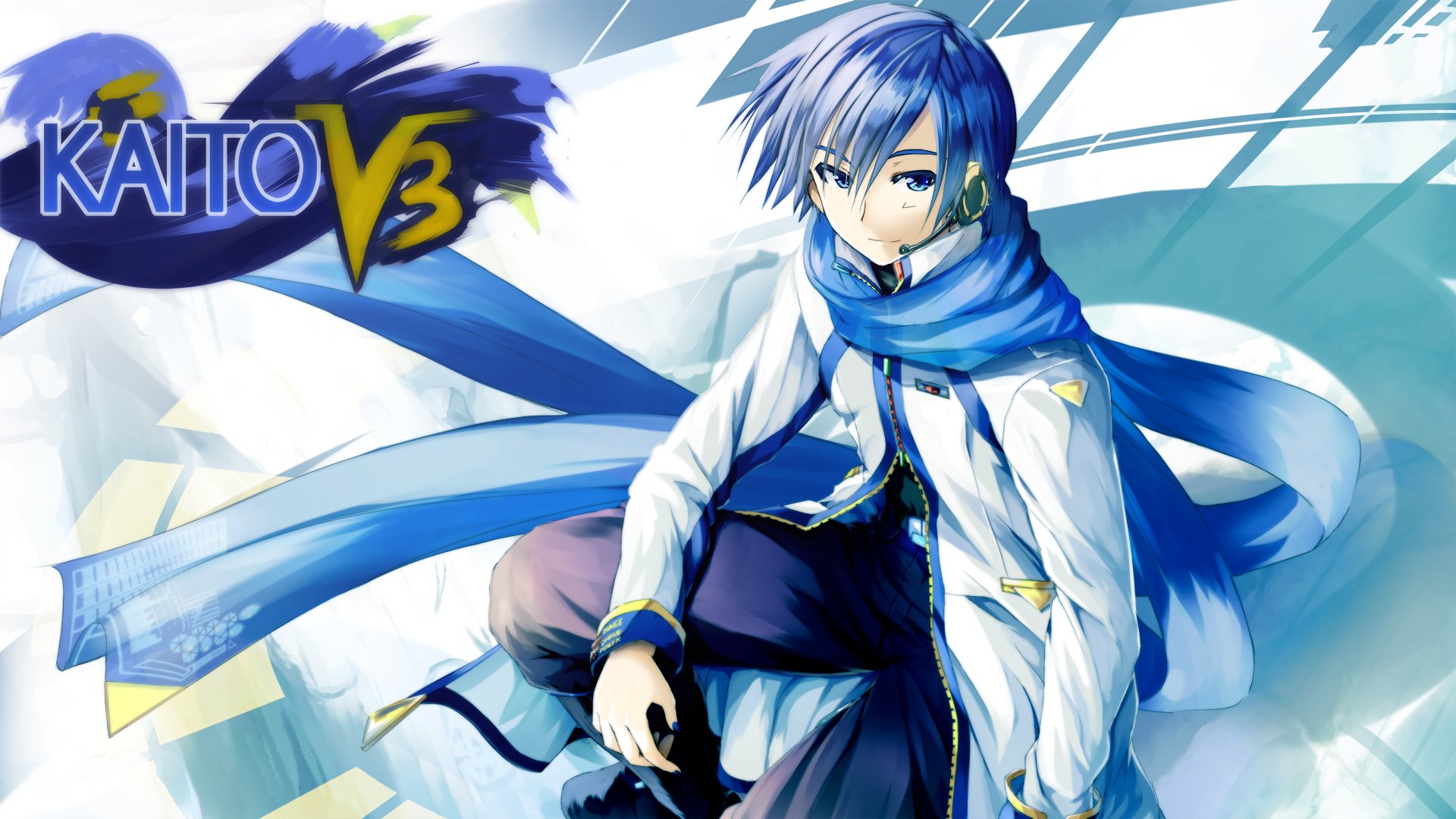 Kaito (Vocaloid) anime: blue-haired singer with flowing scarf and white coat, seated on an HD PC desktop wallpaper background of icy blue shapes.