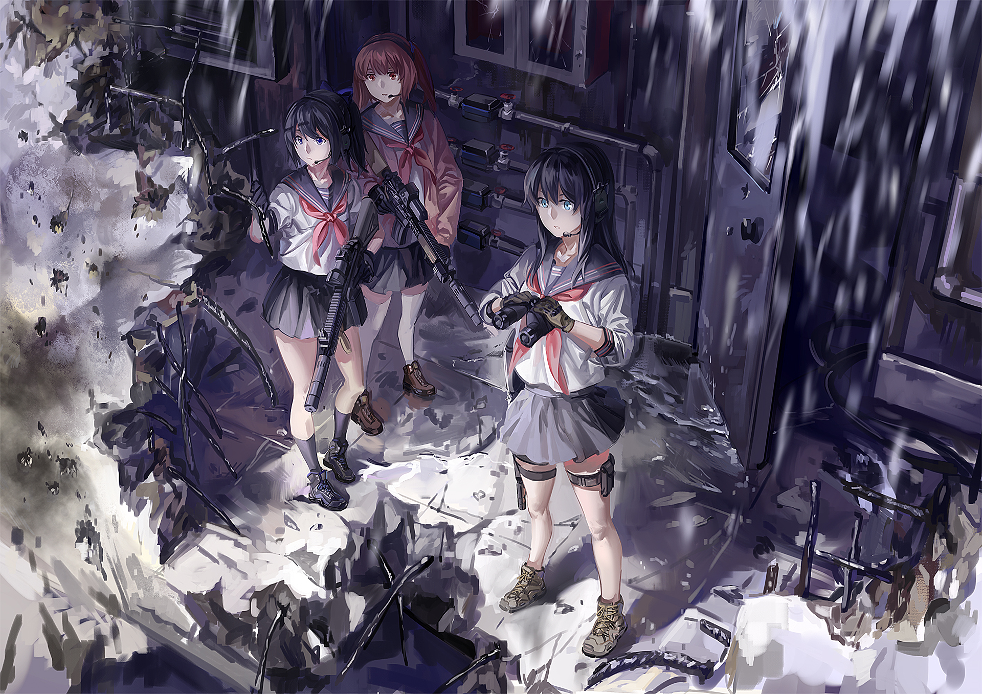 HD anime-style original artwork featuring three schoolgirls in uniforms standing in a dim, ruined environment, designed as a PC desktop wallpaper and background.
