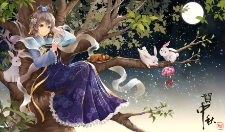 Anime-style HD desktop wallpaper featuring Luo Tianyi sitting on a tree branch under a full moon with white rabbits, blending Chinese elements and Vocaloid aesthetics.