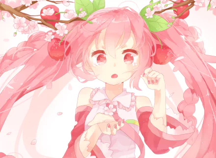 Sakura Miku Vocaloid anime portrait in pink cherry‑blossom outfit, twin tails and braids among falling petals — HD PC desktop wallpaper background