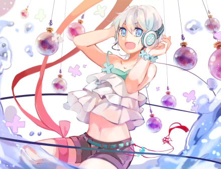 Piko Utatane, Anime Vocaloid — HD PC desktop wallpaper and background: upbeat white‑haired girl with headphones and blue eyes in a frilly crop top, ribbons and floating purple baubles.