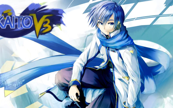 Kaito (Vocaloid) anime: blue-haired singer with flowing scarf and white coat, seated on an HD PC desktop wallpaper background of icy blue shapes.