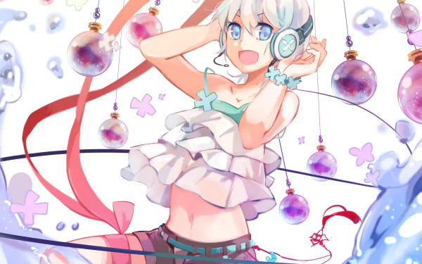 Piko Utatane, Anime Vocaloid — HD PC desktop wallpaper and background: upbeat white‑haired girl with headphones and blue eyes in a frilly crop top, ribbons and floating purple baubles.