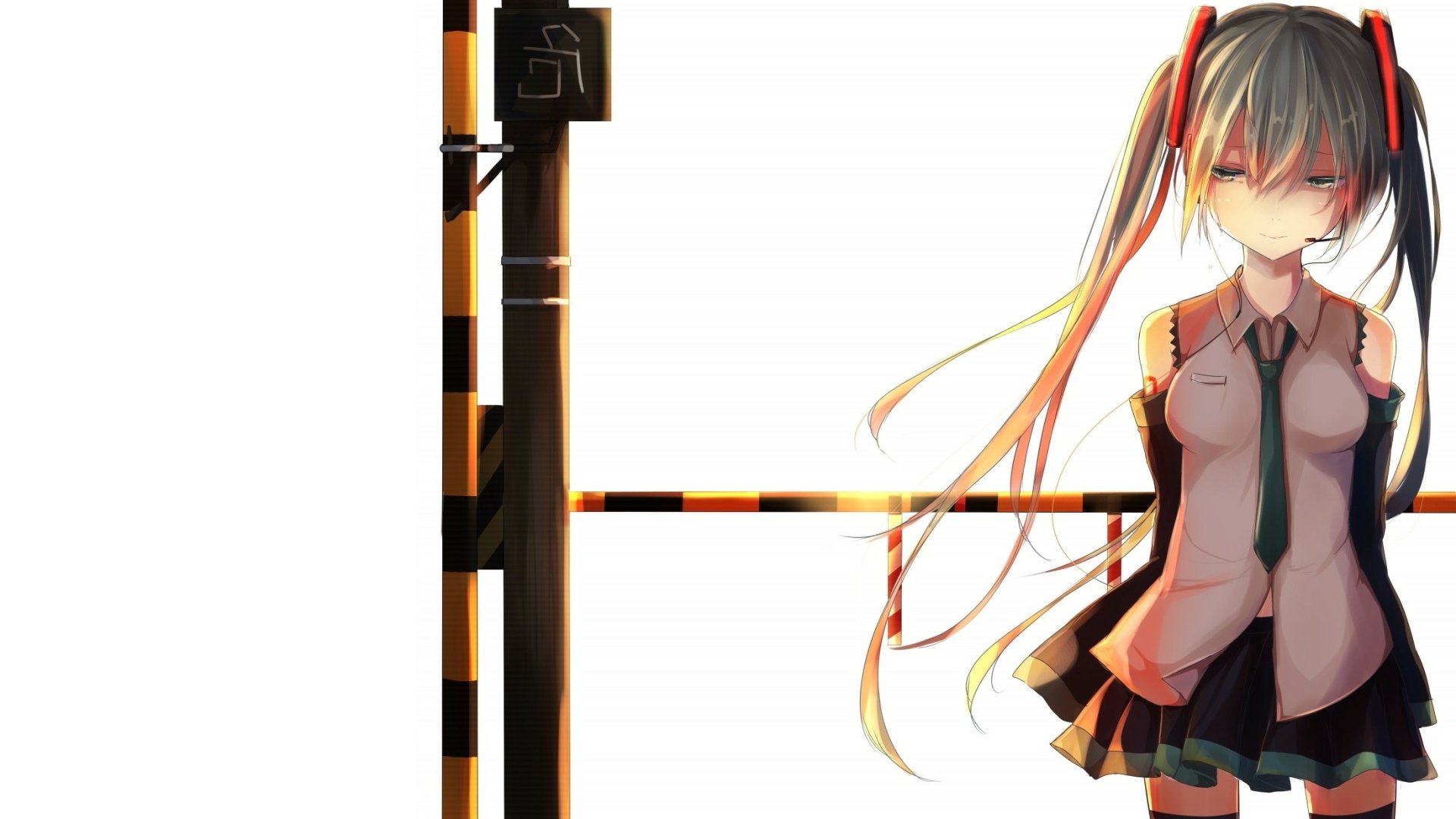 HD PC desktop wallpaper featuring Hatsune Miku from Vocaloid in anime style, with a minimalistic white background and abstract orange and black elements.