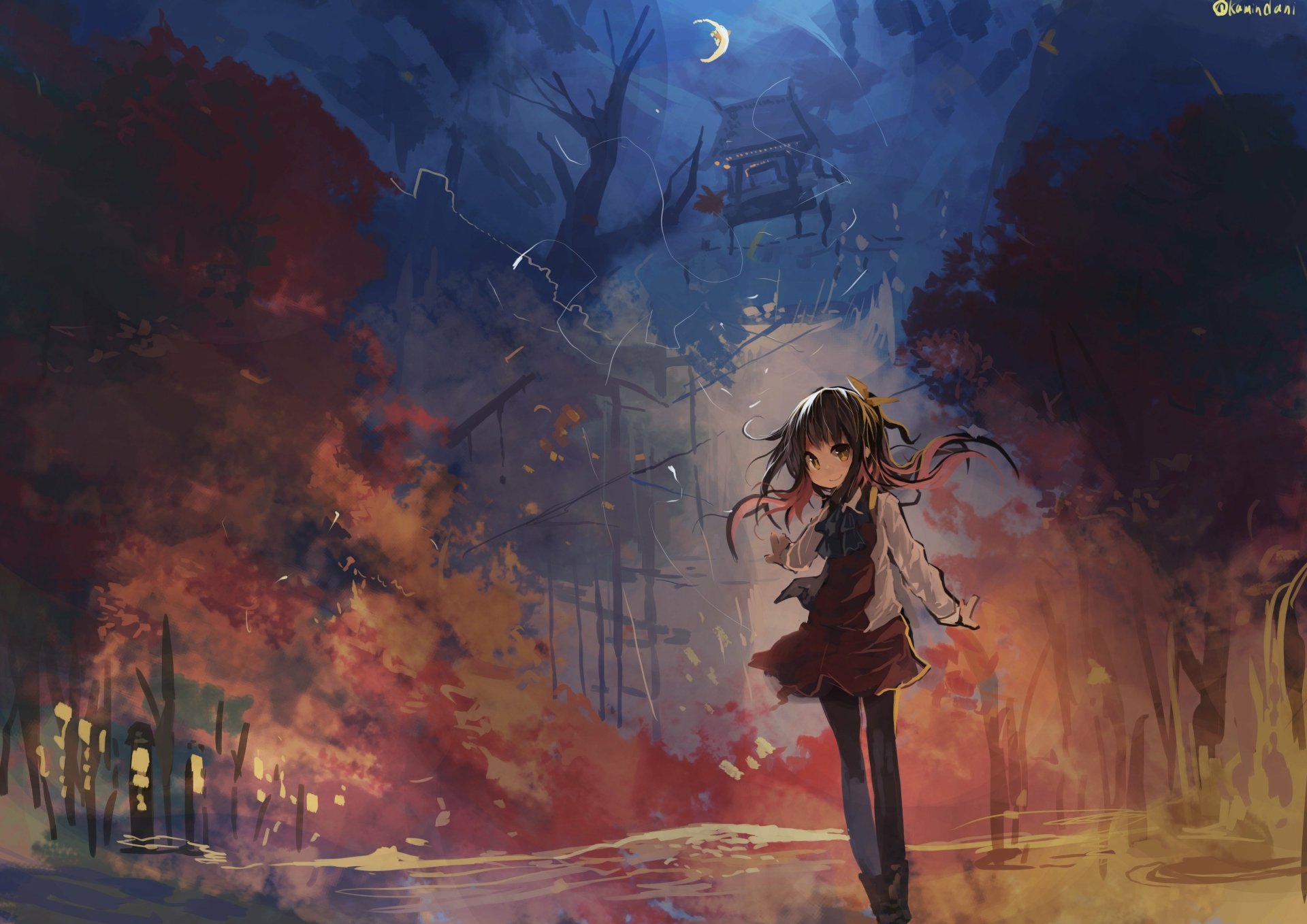 Anime-style Kantai Collection character stands in a vibrant, colorful scene with glowing lights and dark trees, rendered in 4K Ultra HD for PC desktop wallpaper.