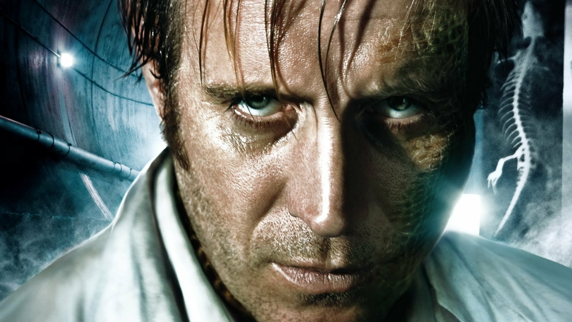 HD wallpaper featuring a close-up of a character from the movie The Amazing Spider-Man, with a grim expression and reptilian features in a dark, industrial background.