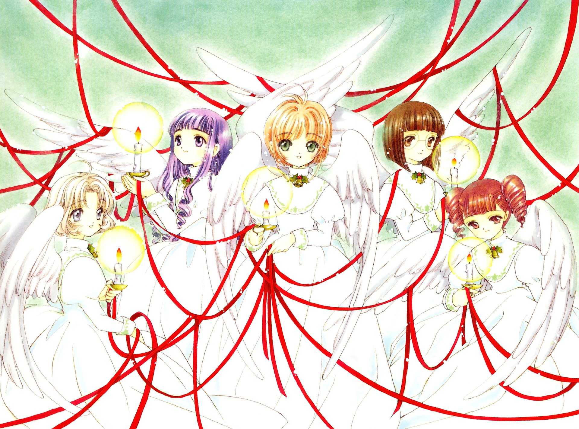 4K Ultra HD desktop wallpaper featuring Tomoyo Daidouji and Sakura Kinomoto from the anime Cardcaptor Sakura, depicted as angelic figures connected by red ribbons.