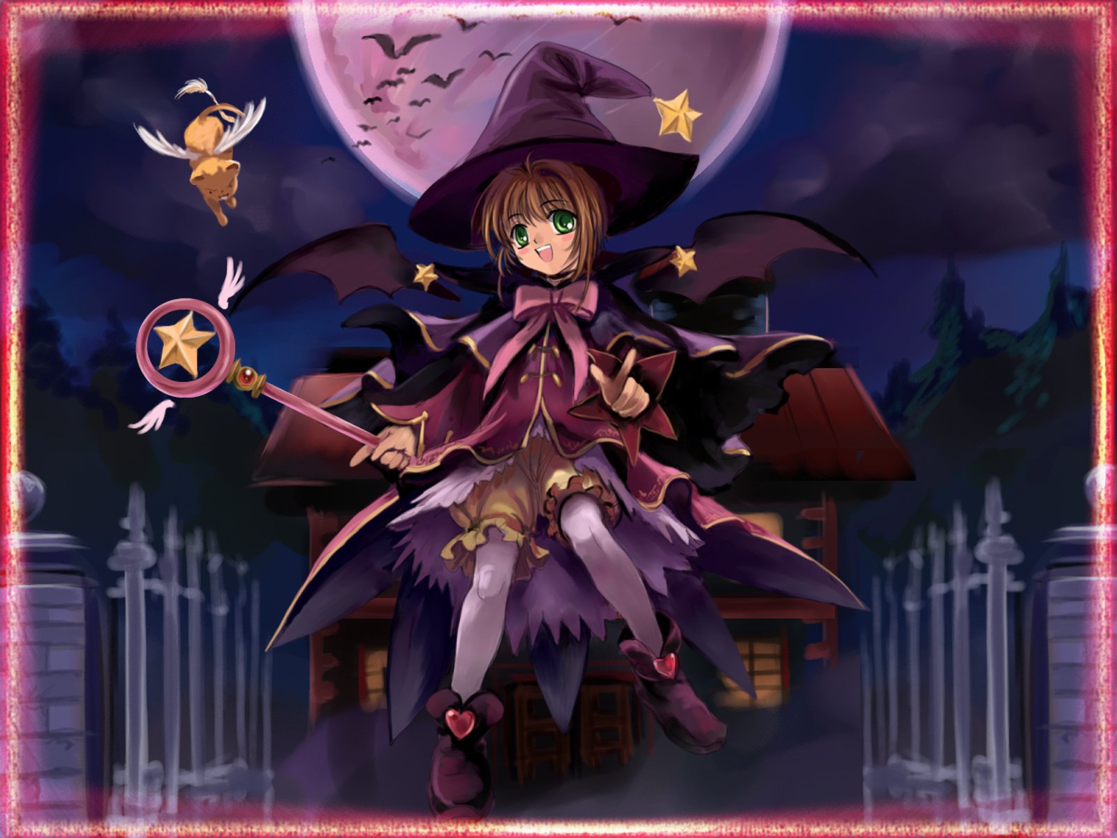 HD anime Halloween wallpaper featuring Sakura Kinomoto dressed as a witch with her magic staff, accompanied by Keroberos from Cardcaptor Sakura under a full moon night.