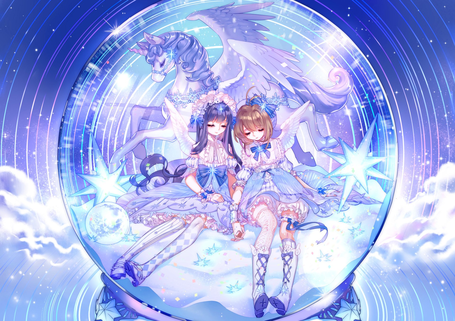 HD anime wallpaper featuring Tomoyo Daidouji and Sakura Kinomoto from Cardcaptor Sakura in a magical scene with celestial motifs and a unicorn.
