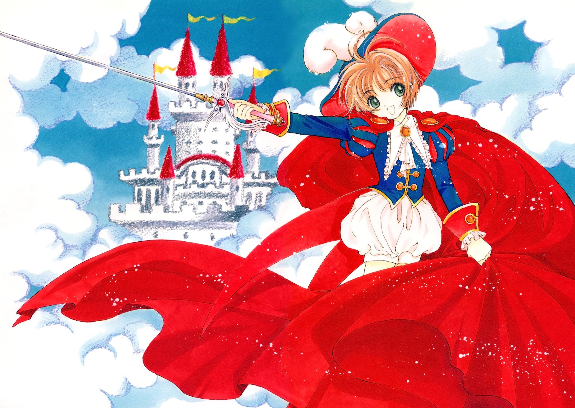 Sakura Kinomoto from Cardcaptor Sakura in a red cloak and white frilled dress, brandishing a sword before a cloud castle; anime 4K Ultra HD PC desktop wallpaper/background.