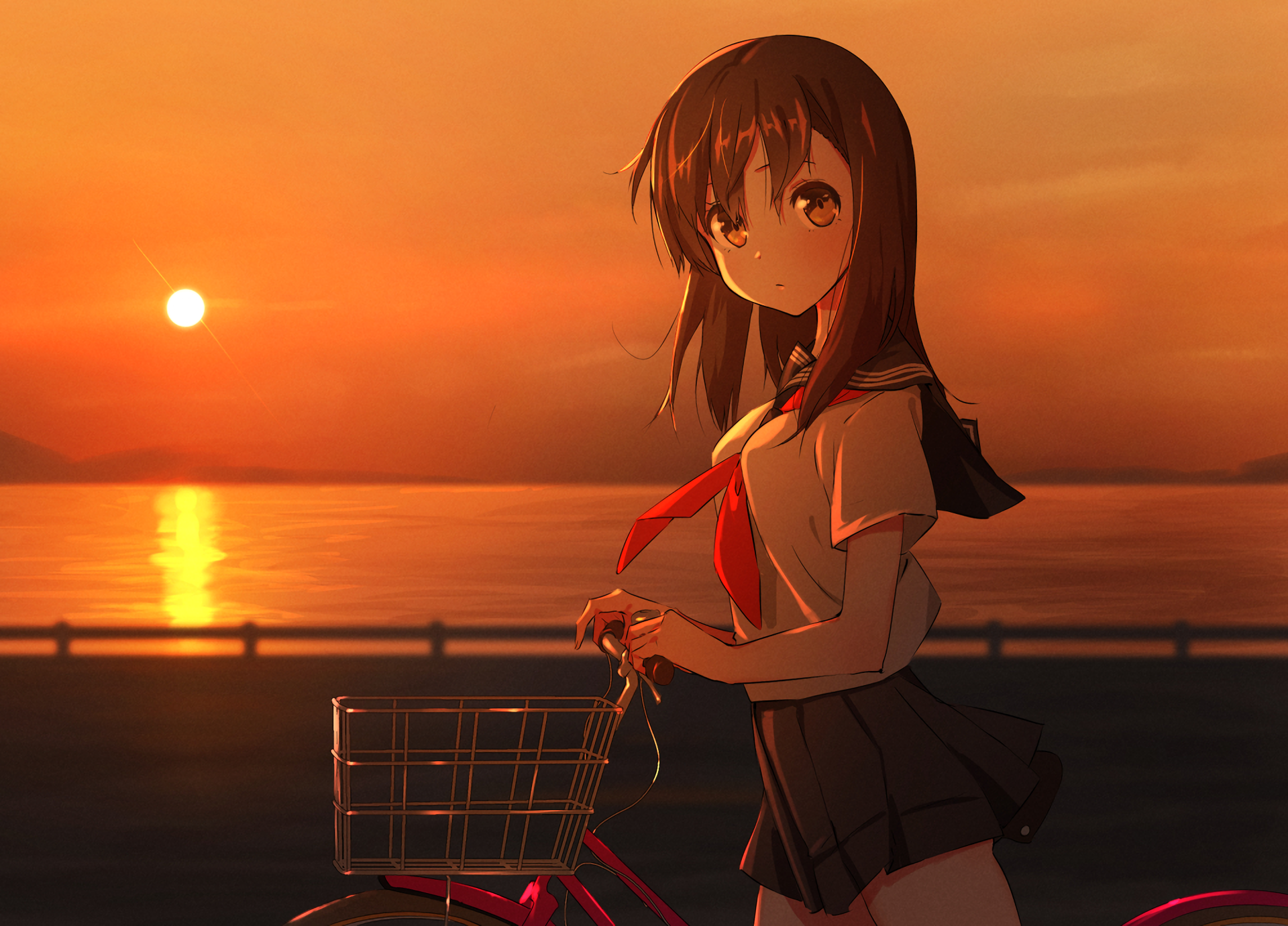 Anime original HD PC desktop wallpaper/background: schoolgirl in a sailor uniform holds a bicycle by the waterfront as a warm orange sunset and sun reflection glow over the calm sea.
