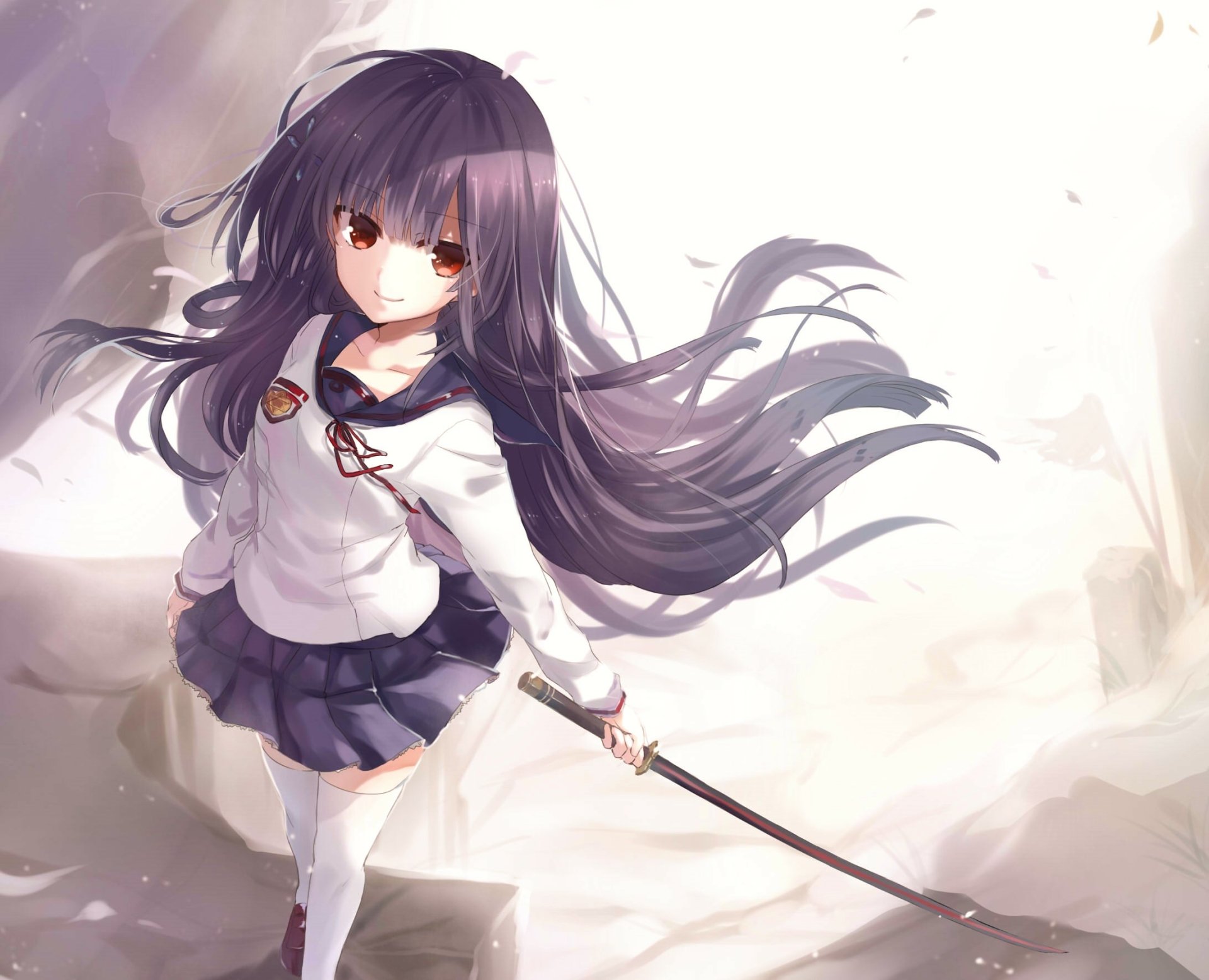Anime character Mahiru Hīragi from Seraph of the End with long purple hair, red eyes, and a school uniform, holding a sword and smiling. The HD wallpaper features a backdrop of soft colors.