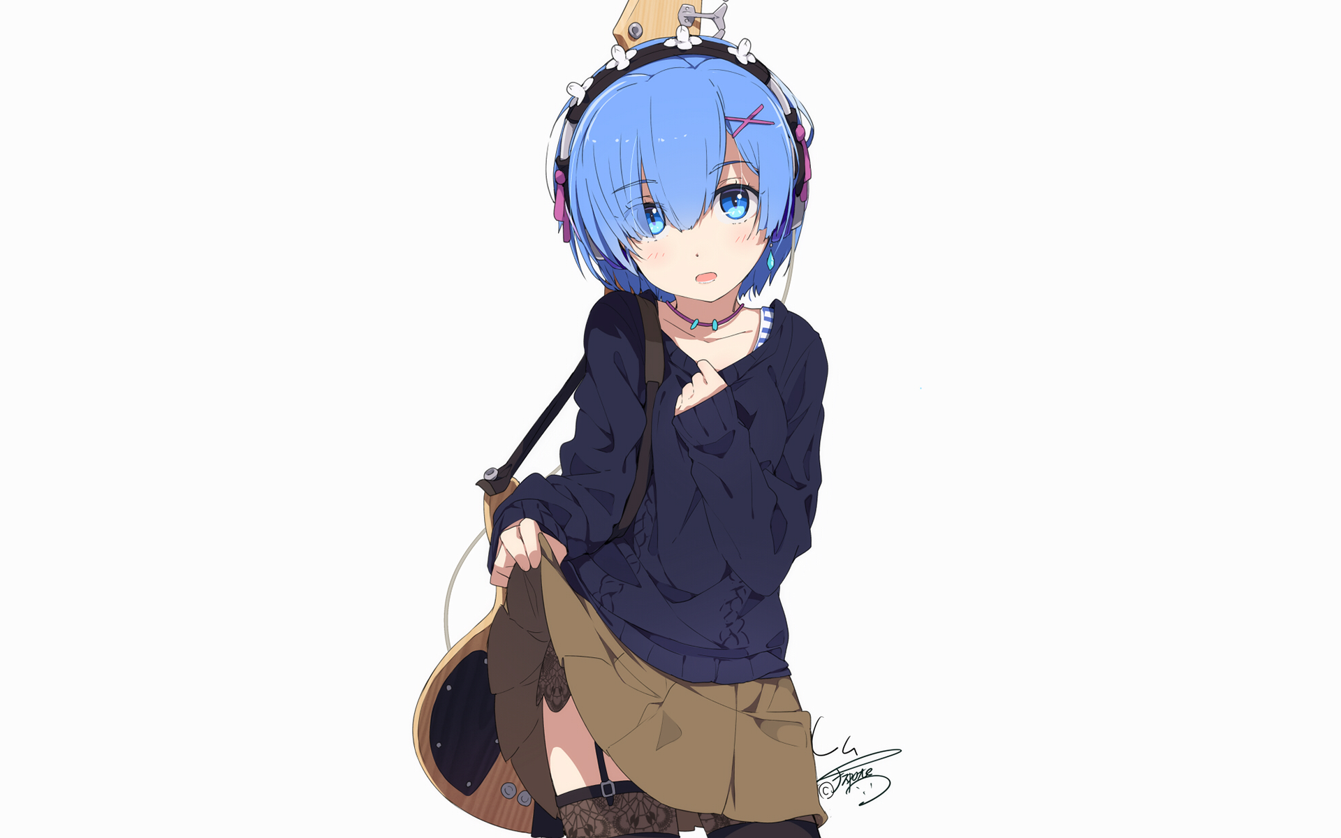 HD desktop wallpaper featuring Rem from Re:ZERO - Starting Life in Another World, depicted with blue hair, headphones, and casual attire.