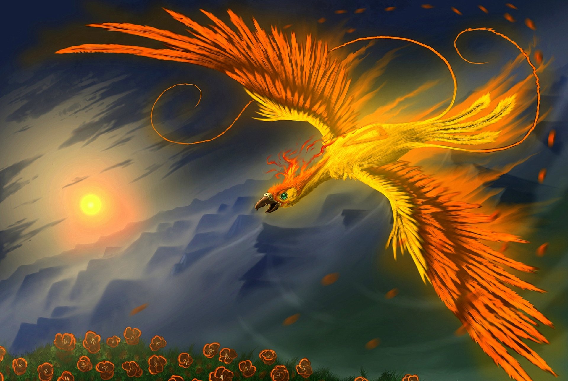 A golden fantasy phoenix soars against a dramatic sky at sunset, surrounded by swirling flames and glowing embers in this HD PC desktop wallpaper.
