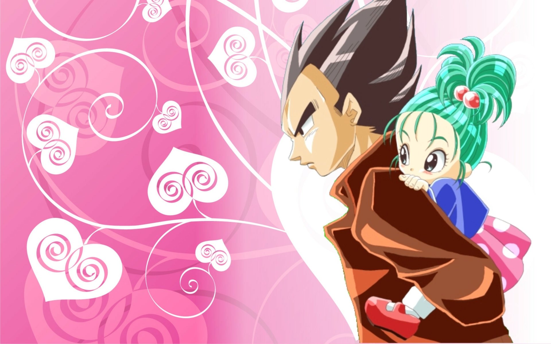 HD Dragon Ball Z anime desktop wallpaper featuring Vegeta carrying Bulma on his back against a vibrant pink background with swirling white patterns.