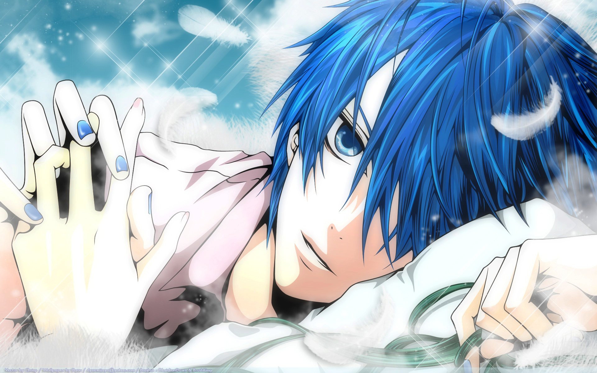 HD anime desktop wallpaper of Kaito from Vocaloid, featuring him with vibrant blue hair and intense eyes against a dreamy snowy background.