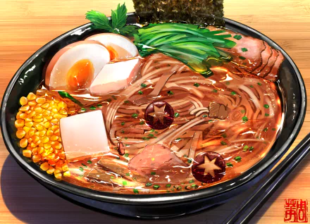 HD PC desktop wallpaper featuring a vibrant anime-style bowl of ramen from Food Wars: Shokugeki no Soma, showcasing rich broth, noodles, and colorful toppings.