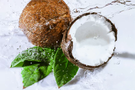 HD desktop wallpaper featuring a whole coconut and a halved coconut with white flesh, surrounded by green leaves and water splashes.