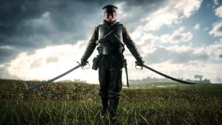 HD Battlefield 1 desktop wallpaper featuring a soldier holding two swords, standing in a grassy field under a cloudy sky.