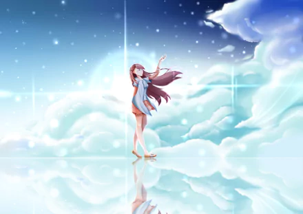 HD anime desktop wallpaper featuring Rin from Shelter standing gracefully on reflective clouds under a bright, starry sky.