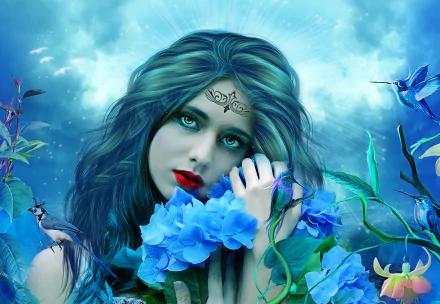 HD fantasy desktop wallpaper of a woman with blue hair and red lips surrounded by vibrant blue flowers and ethereal glowing elements.