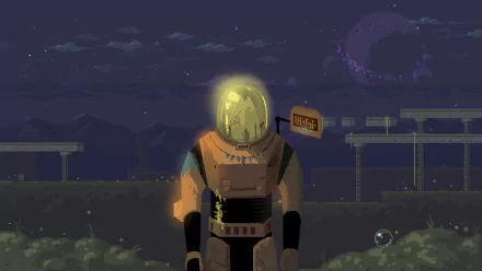 HD desktop wallpaper and background from the game Risk of Rain, featuring an astronaut overlooking a night landscape with a distant planet.