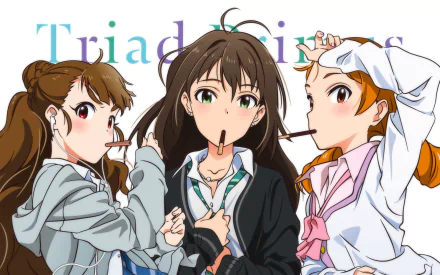 HD anime desktop wallpaper featuring three characters from The iDOLM@STER Cinderella Girls, each with a biscuit stick in their mouth, showcasing vibrant expressions.