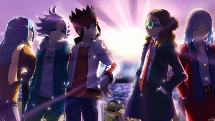 HD desktop wallpaper featuring characters from the anime Inazuma Eleven, standing together against a sunset backdrop with vibrant colors and glowing effects.