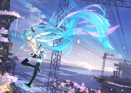 HD desktop wallpaper featuring Anime character Hatsune Miku with blue hair, blue eyes, and a blue scarf, flying amidst a vibrant background with cherry blossoms and industrial structures.