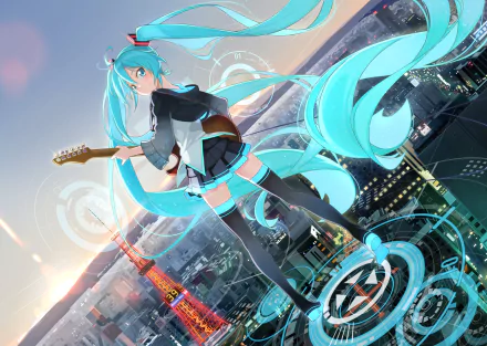 HD anime wallpaper featuring Hatsune Miku with flowing blue hair and blue eyes, playing guitar against a vibrant cityscape with a blue-toned futuristic design.