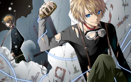 HD PC desktop wallpaper/background: Len Kagamine (Vocaloid) anime portrait — blond, blue‑eyed with goggles and mic, torn black shirt amid shattered white background.