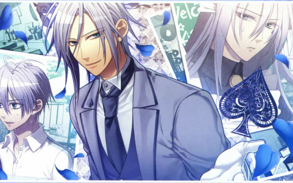 2K Quad HD PC wallpaper featuring Ikki from the otome game Amnesia — anime-style blue-toned collage with three silver-haired portraits, central Ikki in a suit and tie.