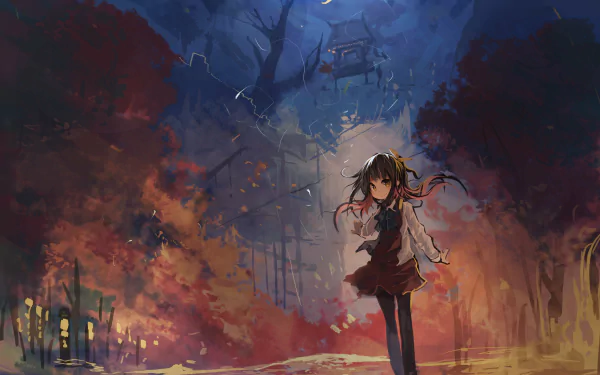 Anime-style Kantai Collection character stands in a vibrant, colorful scene with glowing lights and dark trees, rendered in 4K Ultra HD for PC desktop wallpaper.