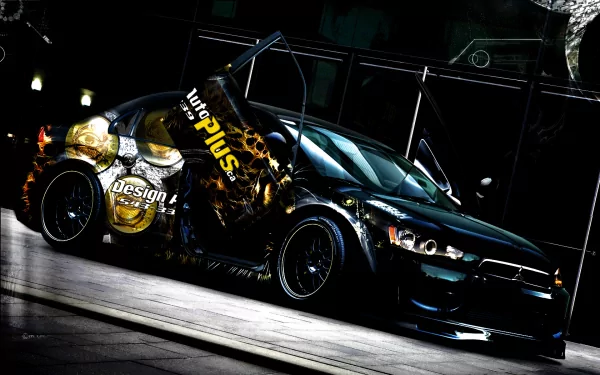 A striking Mitsubishi vehicle with custom design features and unique doors, set against a sleek urban backdrop, showcased as an HD desktop wallpaper and background.
