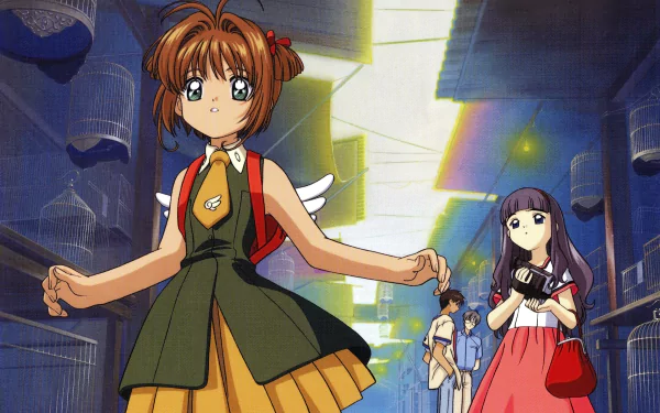Sakura Kinomoto front with Tomoyo Daidouji, Toya Kinomoto and Yukito Tsukishiro in a sunlit alley — Cardcaptor Sakura anime 2K Quad HD PC desktop wallpaper/background